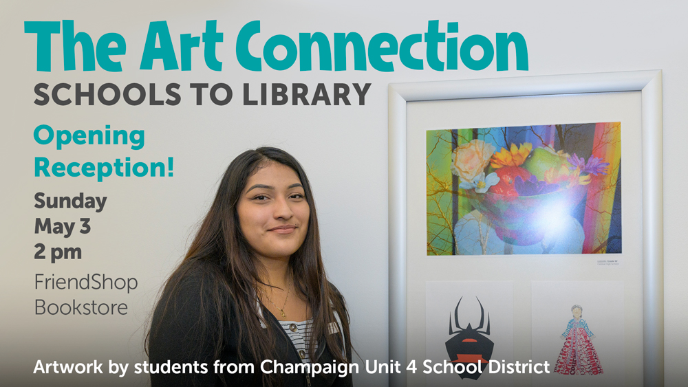 high school student artist standing by her work with event info text