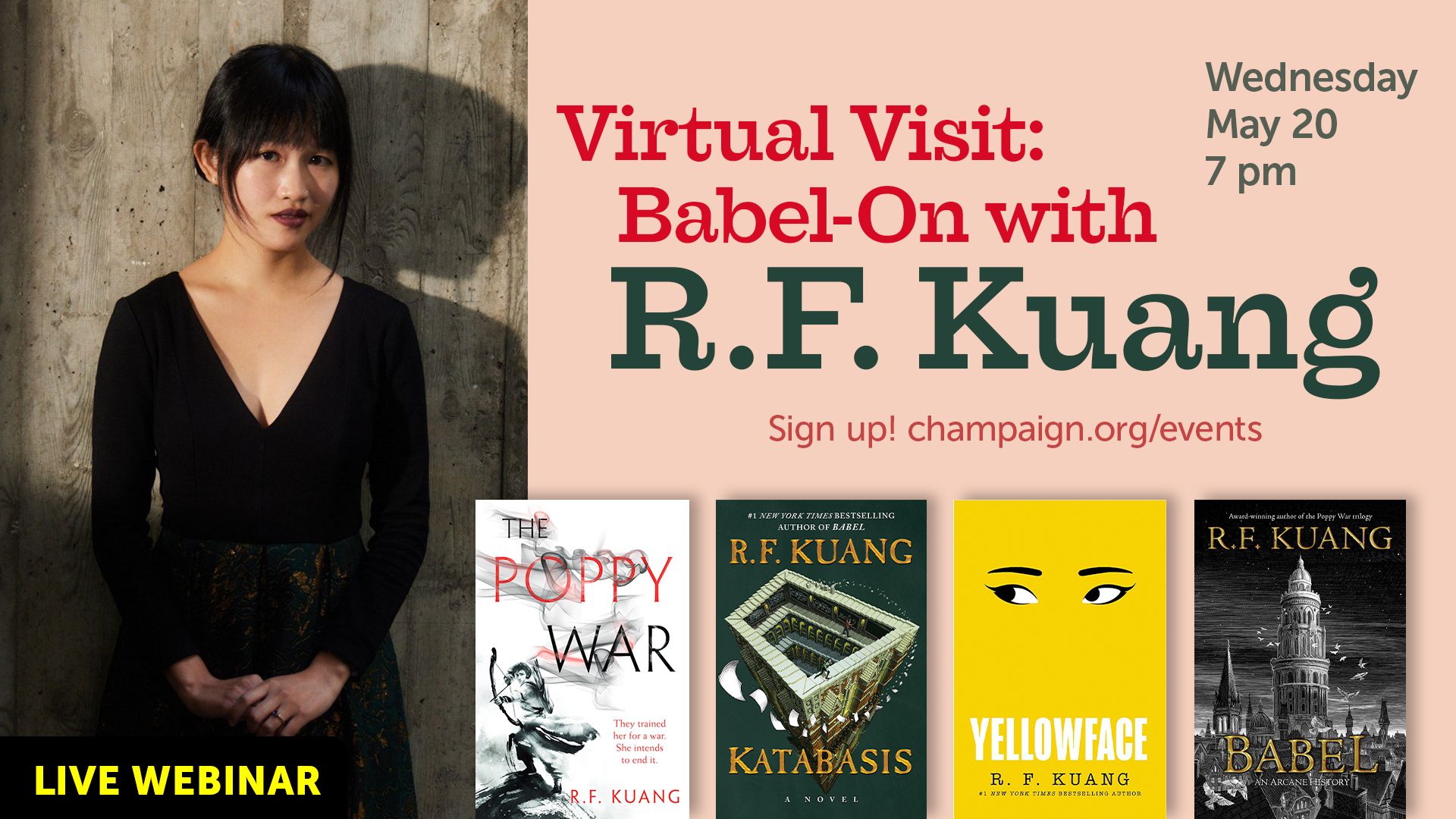 portrait of woman with colorful book cover and event info