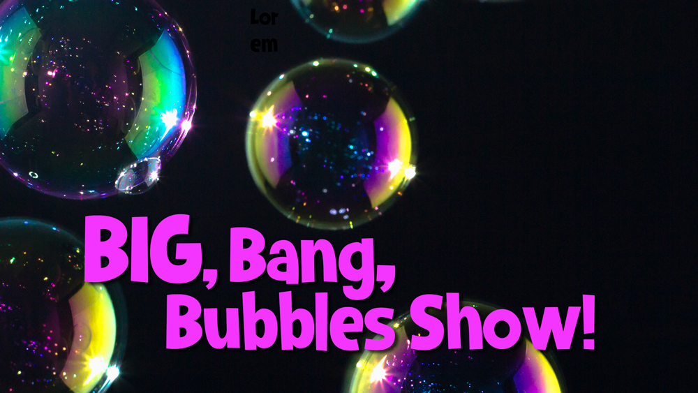 Closeup image of iridescent bubbles against black background with event info text