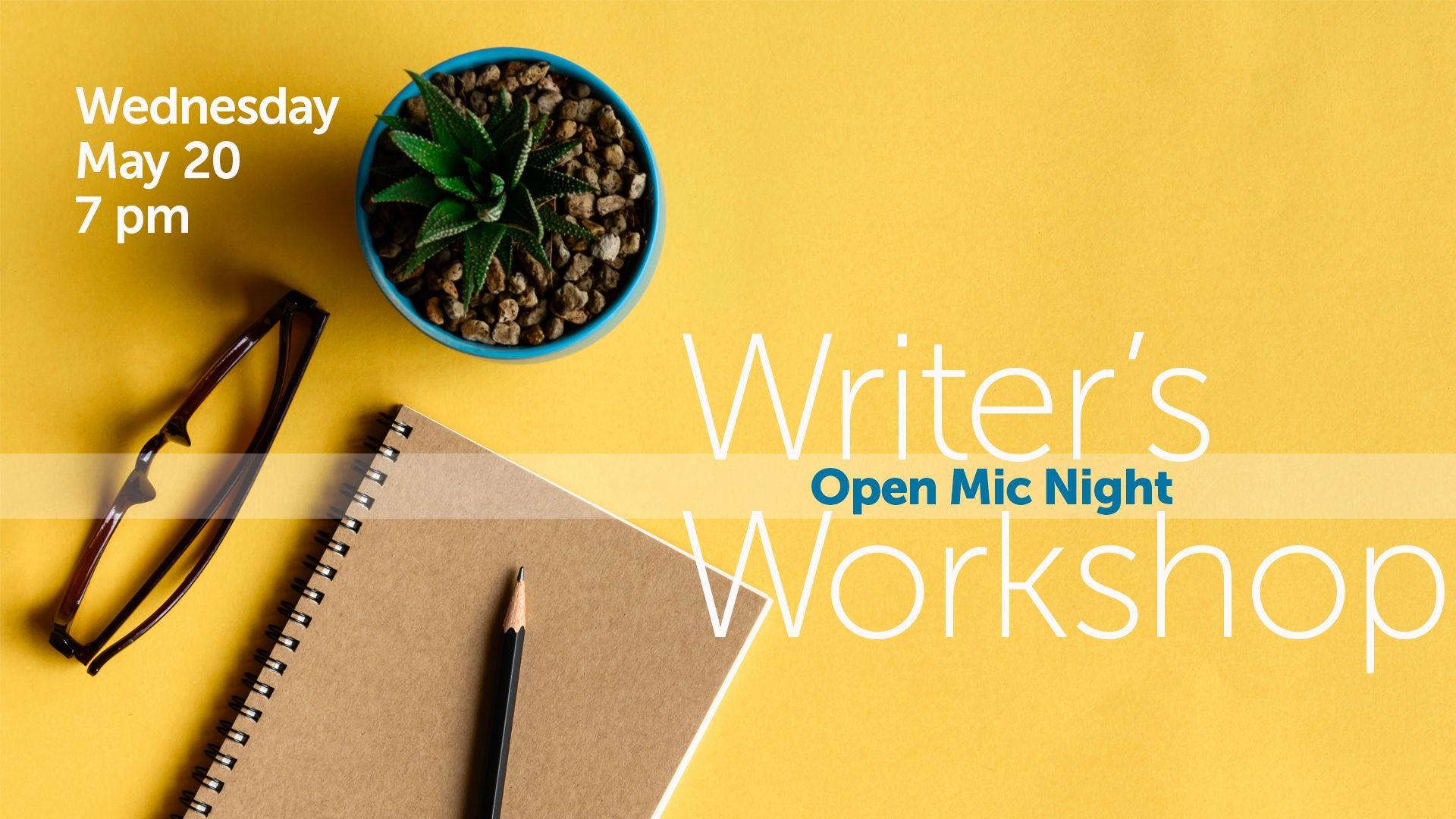 notebook, pencil, glasses, and a plant on yellow background, presenter portrait plus event information text