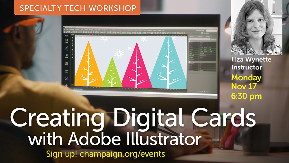 person working on colorful design on computer with presenter photo and event information