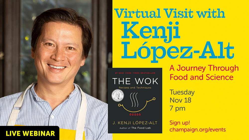 portrait of smiling man with book and event information text