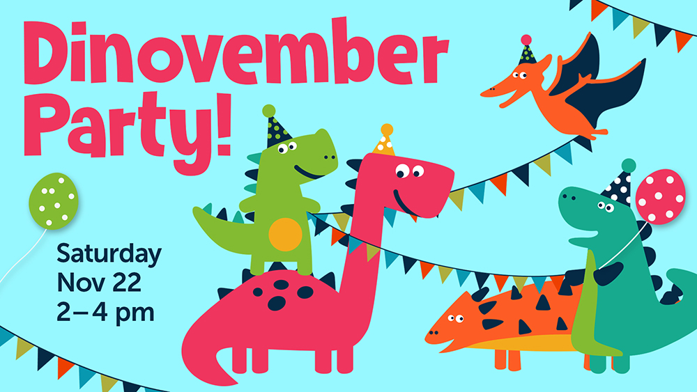 whimsical illustrated dinosaurs with party hats having a good time against a blue background with event text