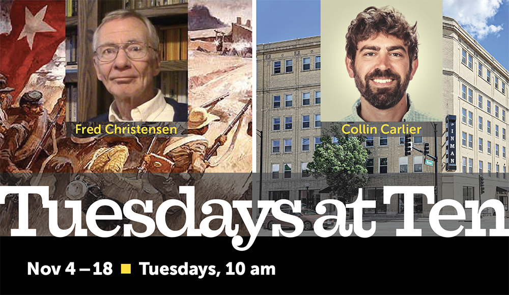 portraits of two presenters against civil war painting background and large building photo background, with event text