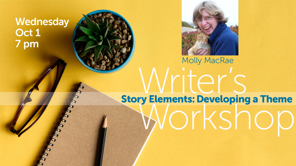 notebook and pencil, glasses, plant, with event information