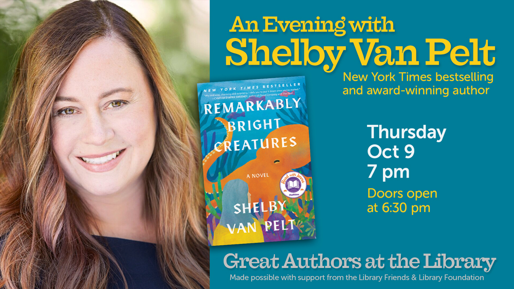portrait of woman smiling along with book cover of Remarkably Bright Creatures plus event information text