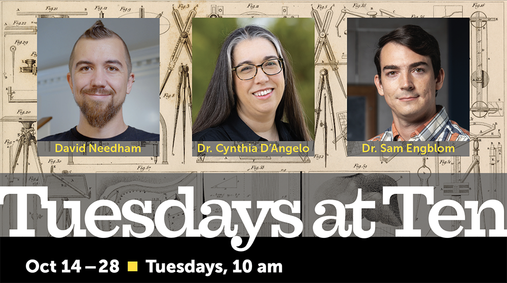 portraits of three presenters against abstract science-like background, with event text