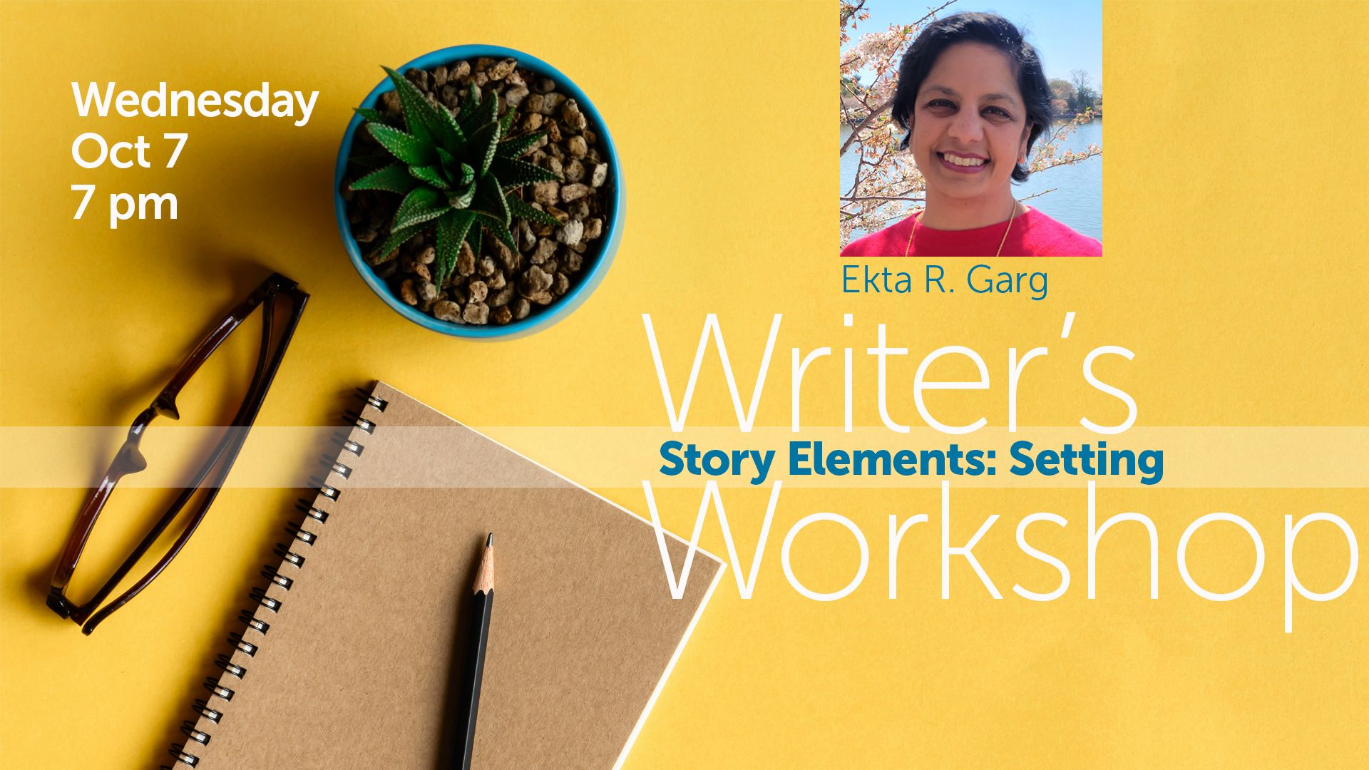 notebook, pencil, glasses, and a plant on yellow background, presenter portrait plus event information text