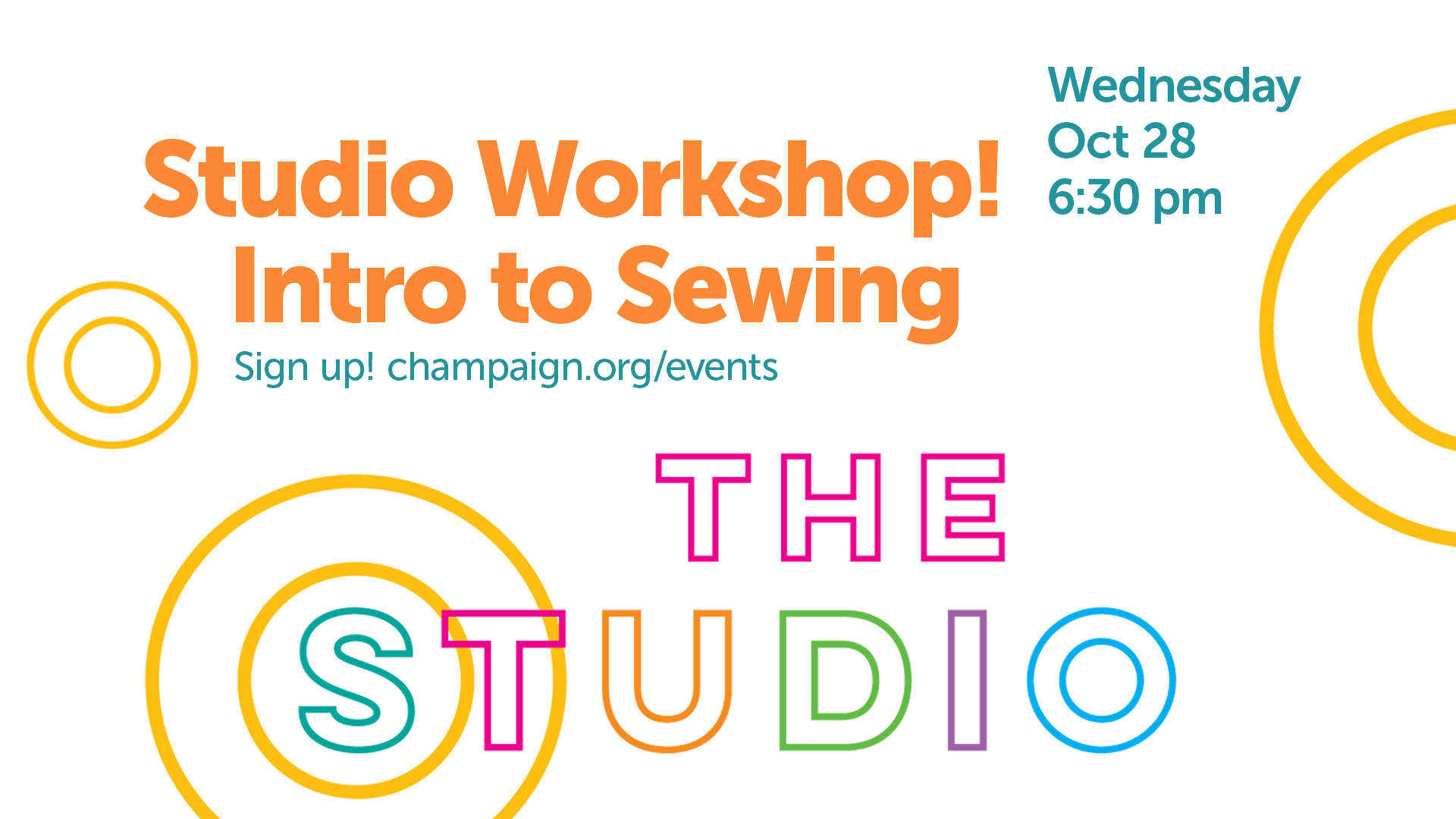 event text with The Studio logo, colorful lettering on white background with yellow decorative circles