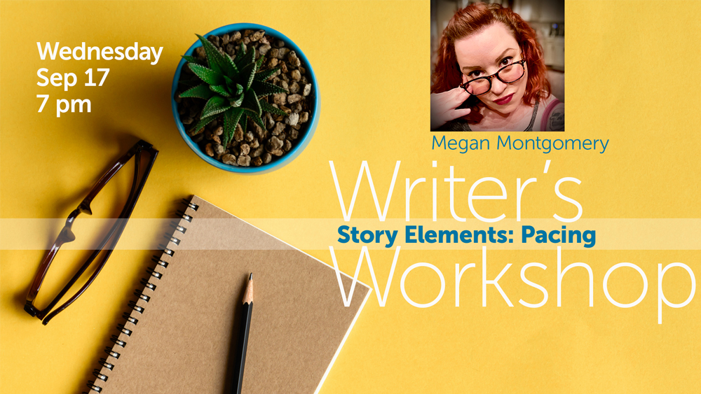 notebook and pencil, glasses, plant, with event information