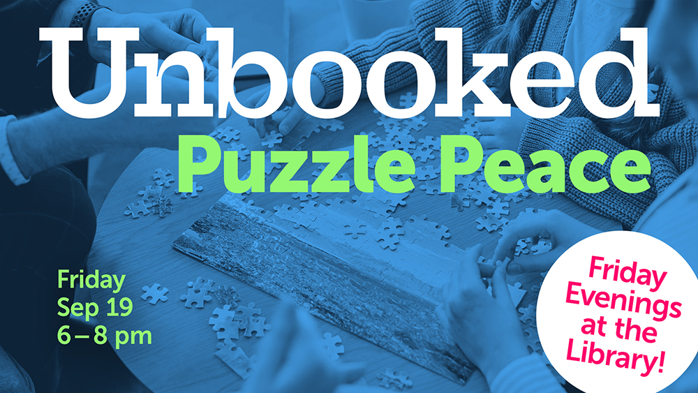 Adult hands working jigsaw puzzle with blue overlay and event info text