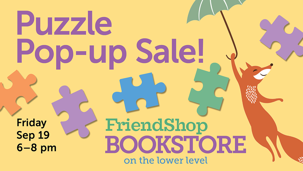 Illustrated brightly colored puzzle pieces against yellow background with happy fox illustration, event info text