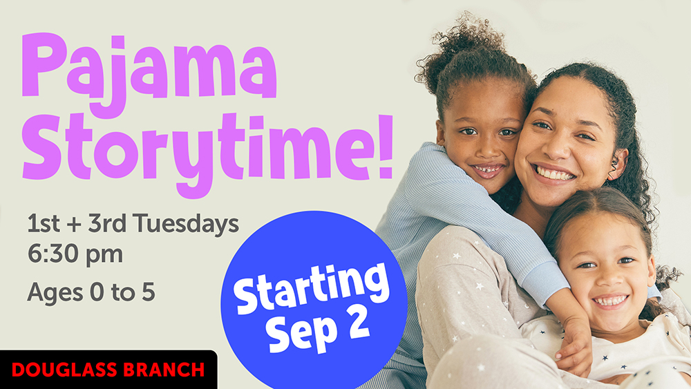 mother with two children smiling in pajamas with event info text