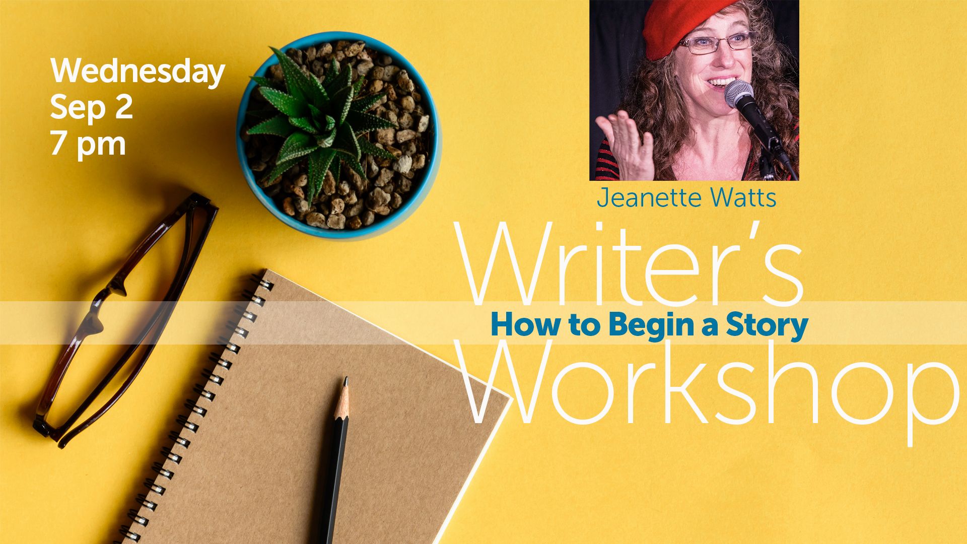 notebook, pencil, glasses, and a plant on yellow background, presenter portrait plus event information text
