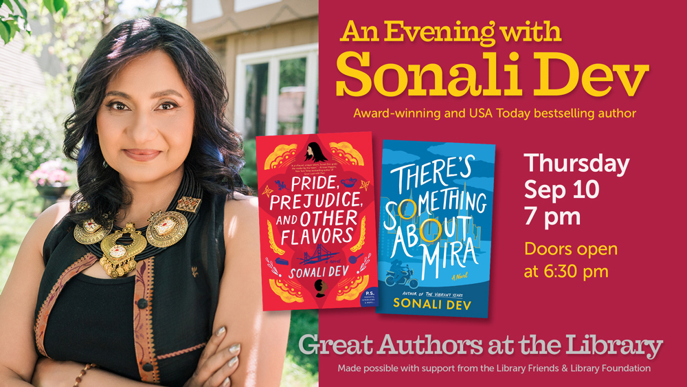 woman in an outdoor setting on the left with book cover and event information text on a red background on the right