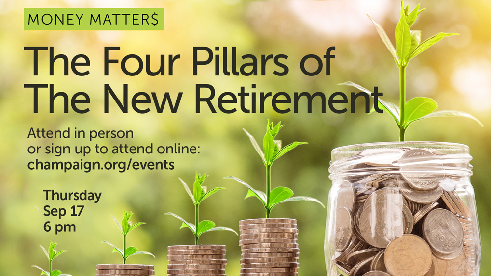 coins with growing plants background, smiling presenter photo, event text info