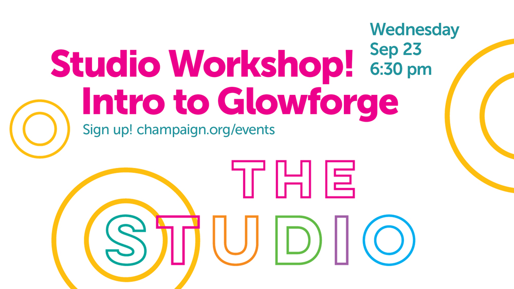 event text with The Studio logo, colorful lettering on white background with yellow decorative circles