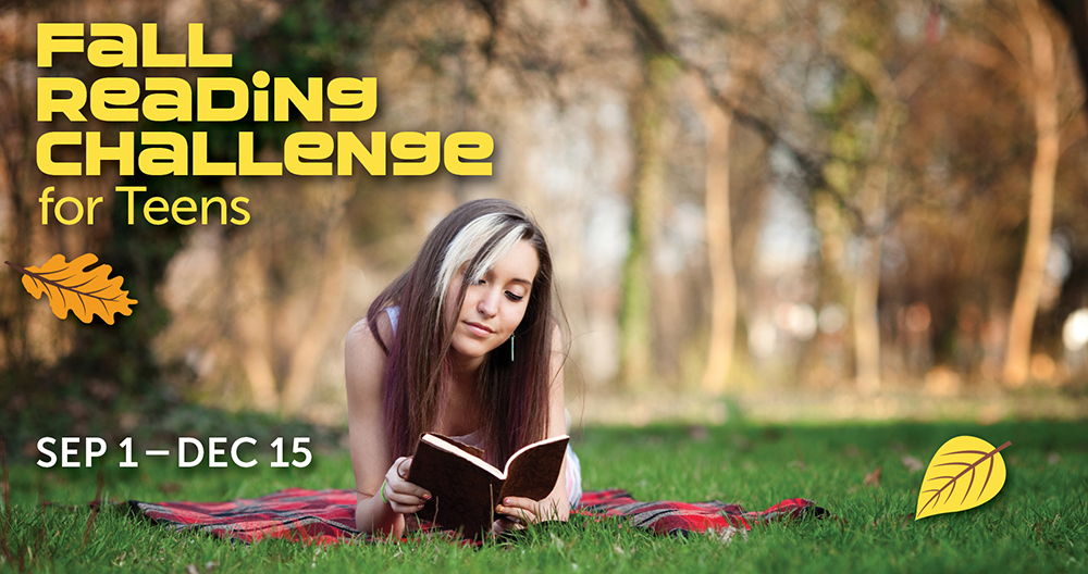 teen girl reading a book outside with text "Spring Reading Challenge for Teens"