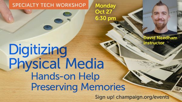 old photos and a scanner on a table with presenter photo and event information